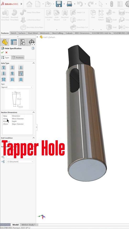 How to apply a tapper hole using Hole wizard in solidworks 😀 # ...