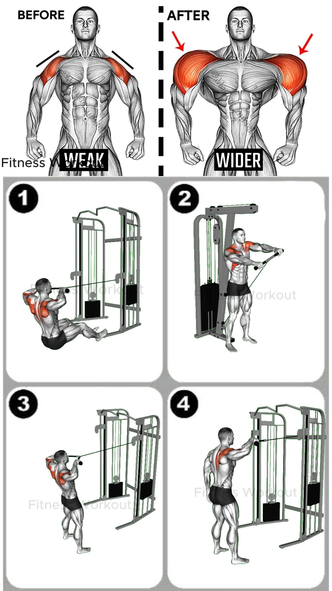 4 Moves for Wider Shoulders 🦍 1️⃣ High Cable Row 2️⃣ Face Pulls 3️⃣ ...