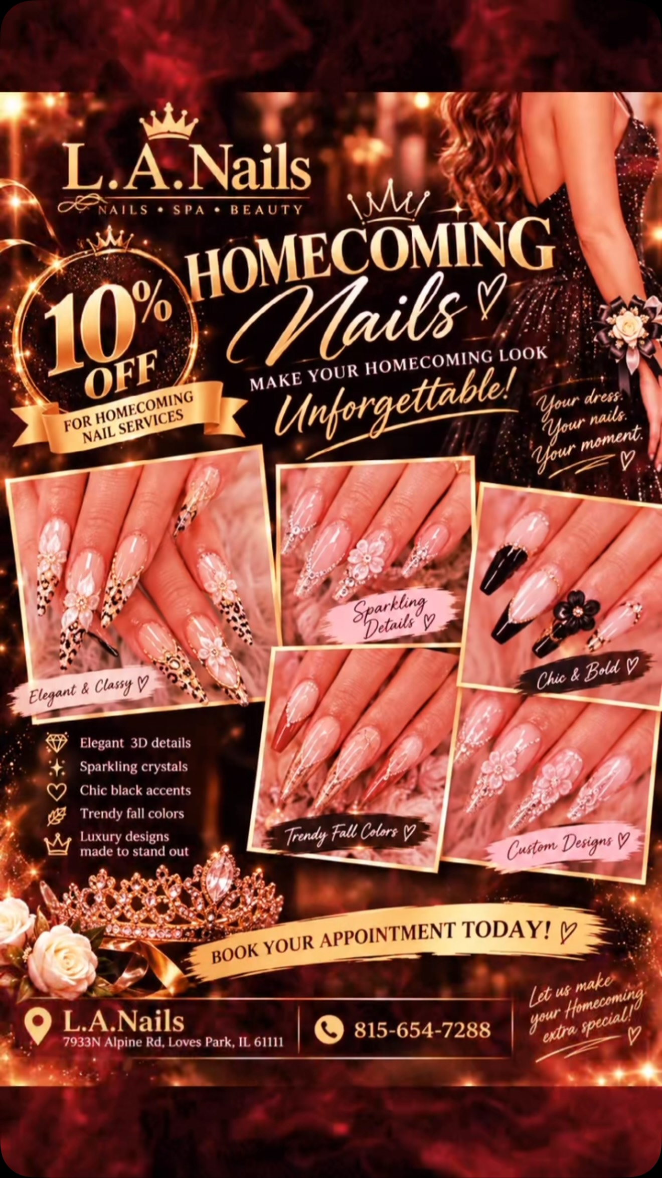 homecoming nails for black dress with 10% off at L.A. Nails in Loves Park belted tiered maxi shirt dress