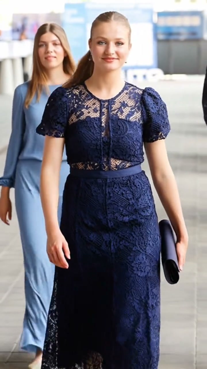 princess leonor blue dress Graceful Walking Portrait Wearing Navy Lace Short-Sleeve Holding Clutch Bag Beside Infanta Sofía ✨💙👗👑🇪🇸, #princesadeasturias, #spanishroyals, #usafashion, #navybluedress, Ghosts & Ghouls When Should I Bustle Size (AU):XL
