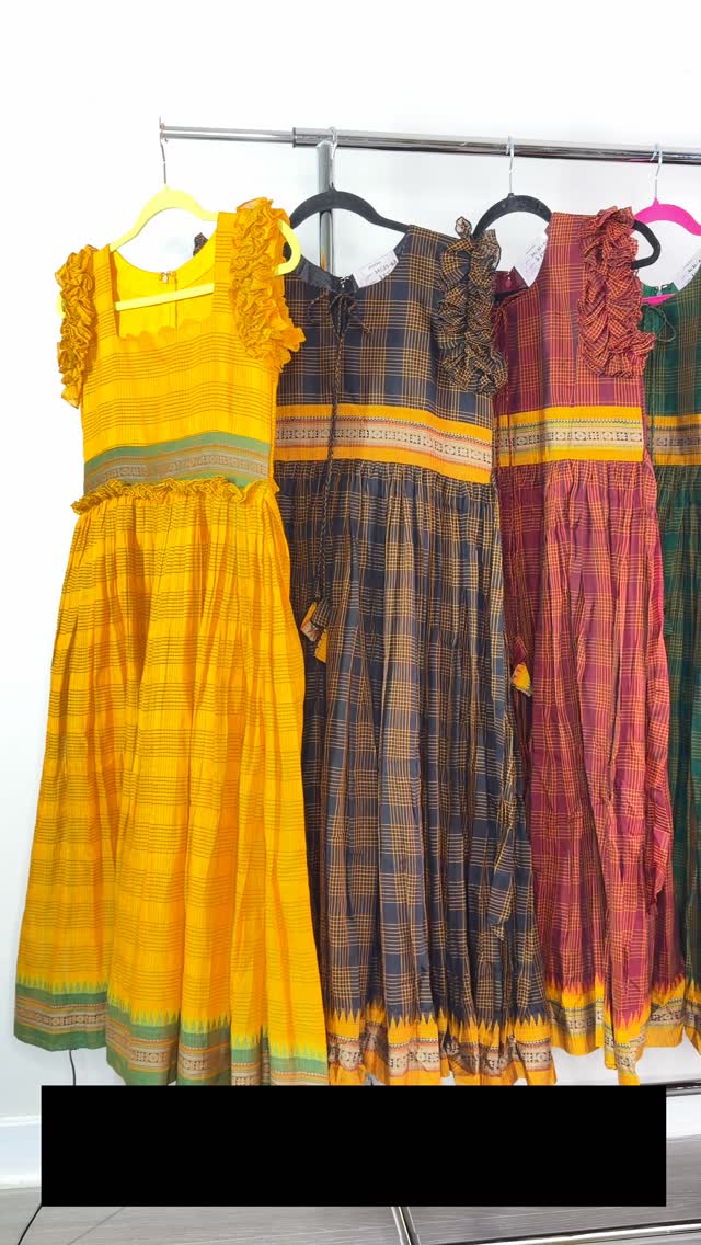 Handloom Narayanpet checks frocks arrived new stock., Available in 3 different colors and 2 different designs each., Side pocket and threads to tie back and back zip and lot of margins to extend. , 