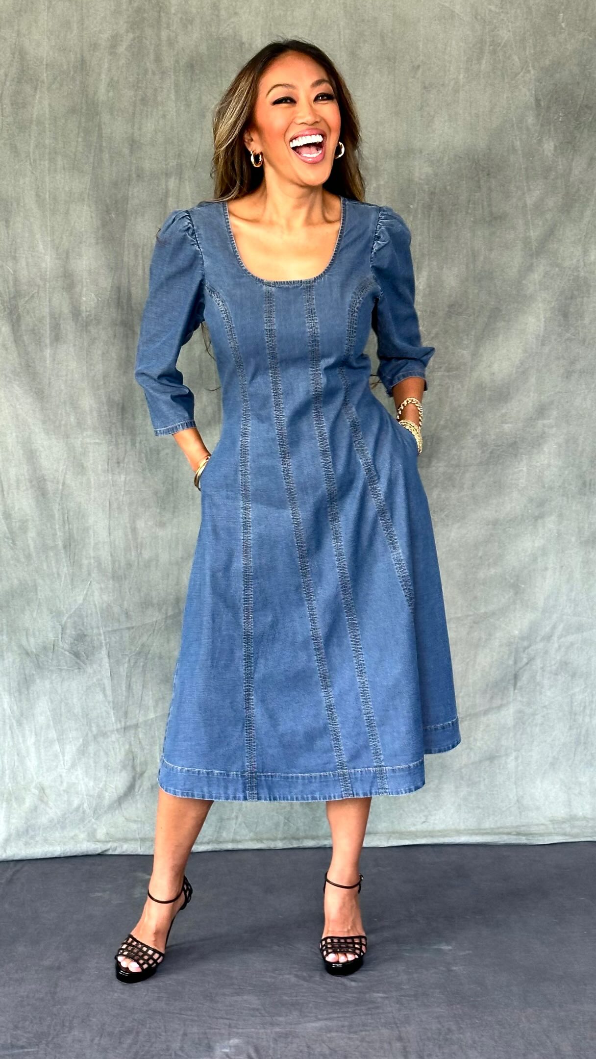 We had so much fun last night with Courtney Khondabi QVC & dennisbasso showcasing this gorgois denim dress that just launched from my collection! 💙, The fitted silhouette, rounded square neckline, and 