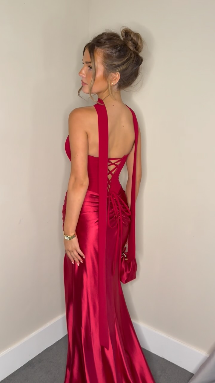 red prom dress with gold accessories Winter wedding guest outfit sorted✨, This 😮‍💨👏🏻 | Celebrity Dress and Eveningwear Shop genuine leather shoes