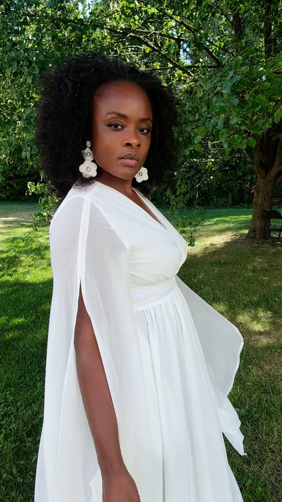 Elegant Flowy White Evening Dress Outdoor Style Look