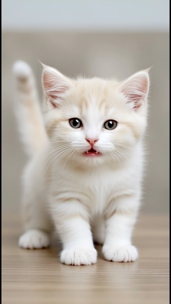 The kitten has a predominantly snow-white coat with soft cream or buff ...