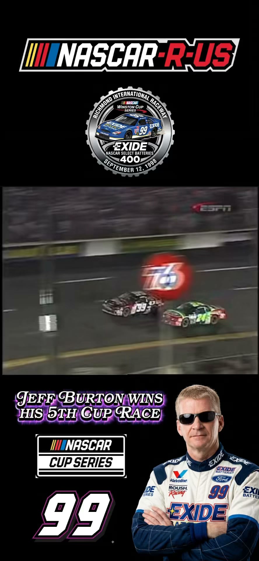 Jeff Burton wins 1998 Exide NASCAR Select Batteries 400