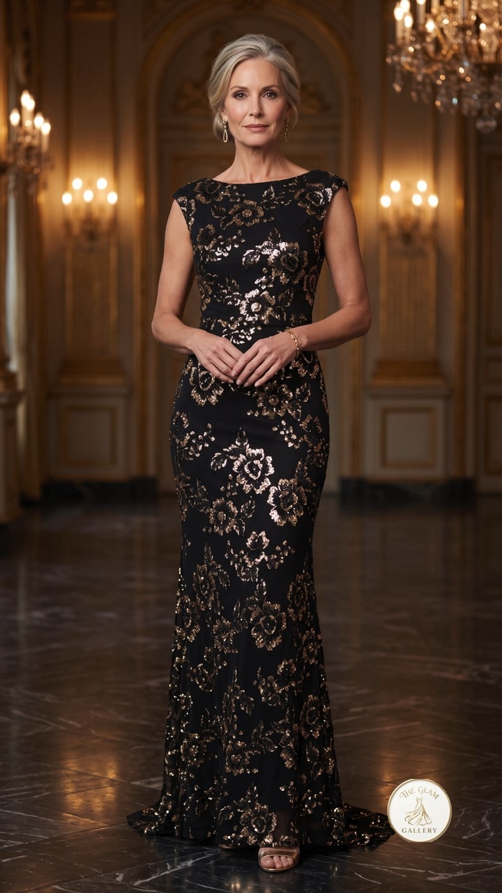 Timeless glamour from every angle. ✨ This black and gold sequin gown pairs a classic silhouette with a stunning V-back, making it the perfect choice for your next special evening. 🌟, ✨ Want the look? 