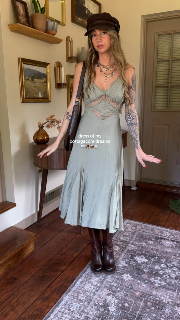 cider cottagecore dress outfit with lace details and boots Neck Size:17 1/2 long sleeve boho wedding dress Wedding dress ASOS DESIGN Tall one