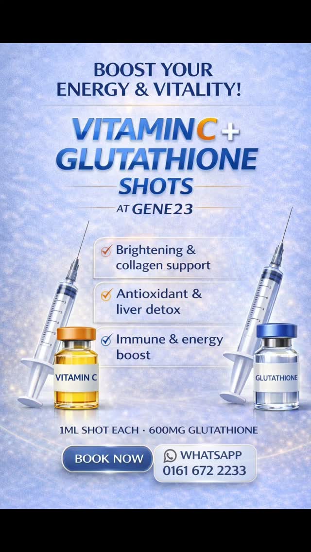 ✨ Vitamin C + Glutathione Shots at Gene23 ✨, A powerful combination designed to support skin health, immunity and cellular protection from within., Vitamin C helps stimulate collagen production, 