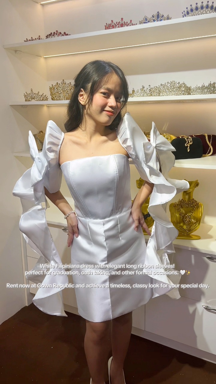 white filipiniana dress for graduation with elegant long ribbon sleeves—perfect graduation, oath taking, and other formal occasions. 🤍✨, Rent now at Gown Republic and achieve a timeless, classy look for your Length:Maxi-Dress