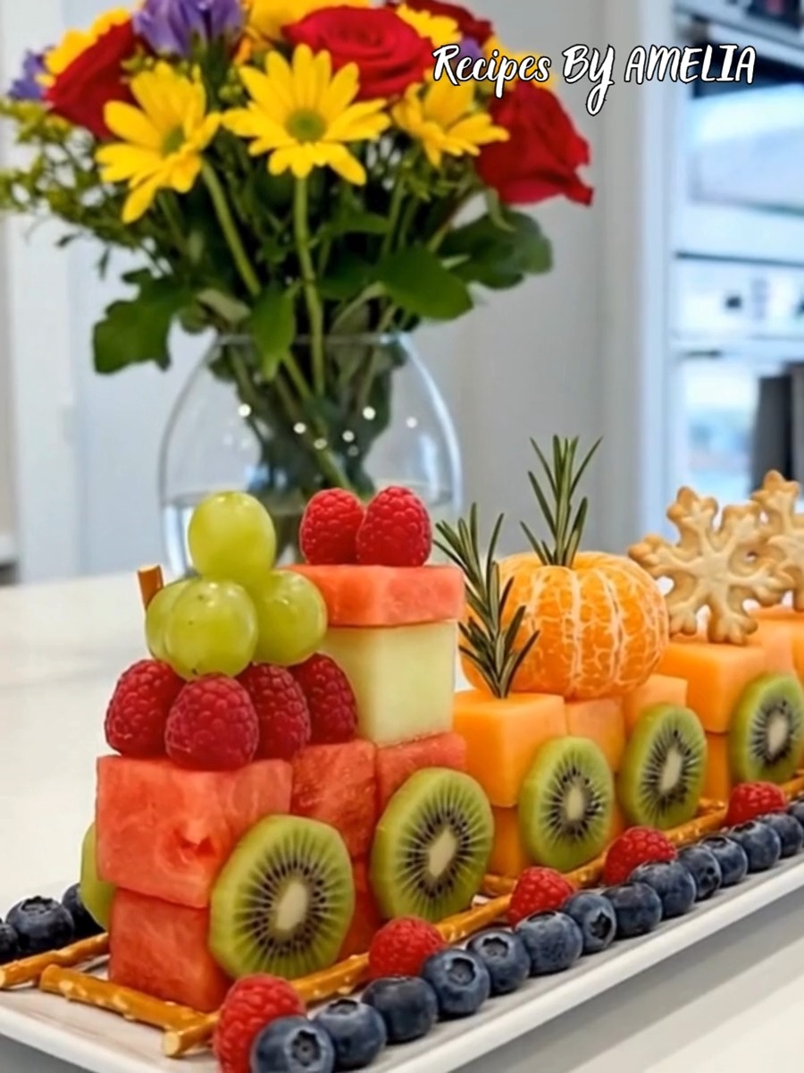 🚂 All aboard the snack express! 🍉🍊 A colorful fruit train to brighten ...