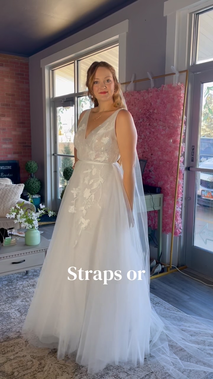 Our Gigi bridal gown with two different looks ❤️✨, Straps or sleeves, what do you think? 💍, Call (385) 450-4456 or visit the booking link in our bio to see the customizations for yourself!, Model- 