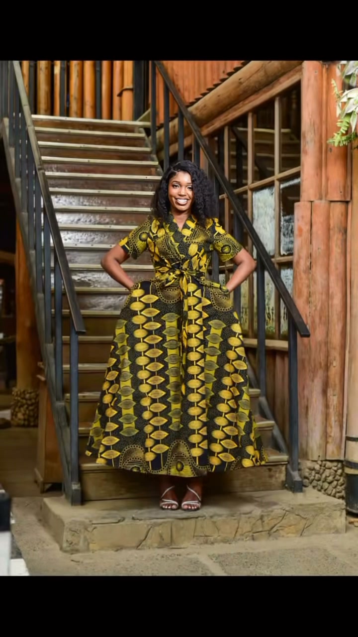 green and yellow ankara dress most flattering EVER! This wrap dress with a front slit looks good on everybody 😍, Which print is your favorite?, 💛 & Black, 💚 & Brown, ❤️ Red & Beige, 💙 Blue & Black, ...and ankara combination styles plain material with ankara patches