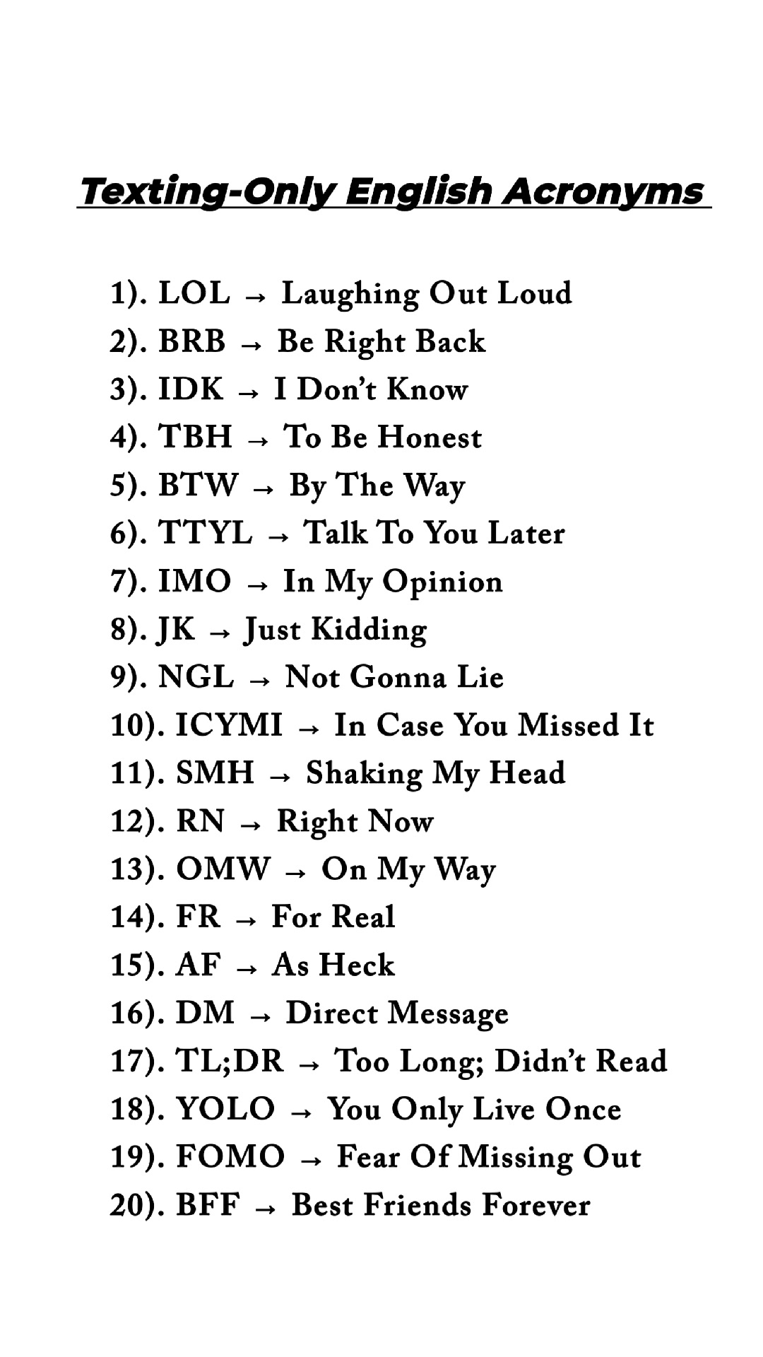 Texting-Only English Acronyms. | English Academy | Facebook