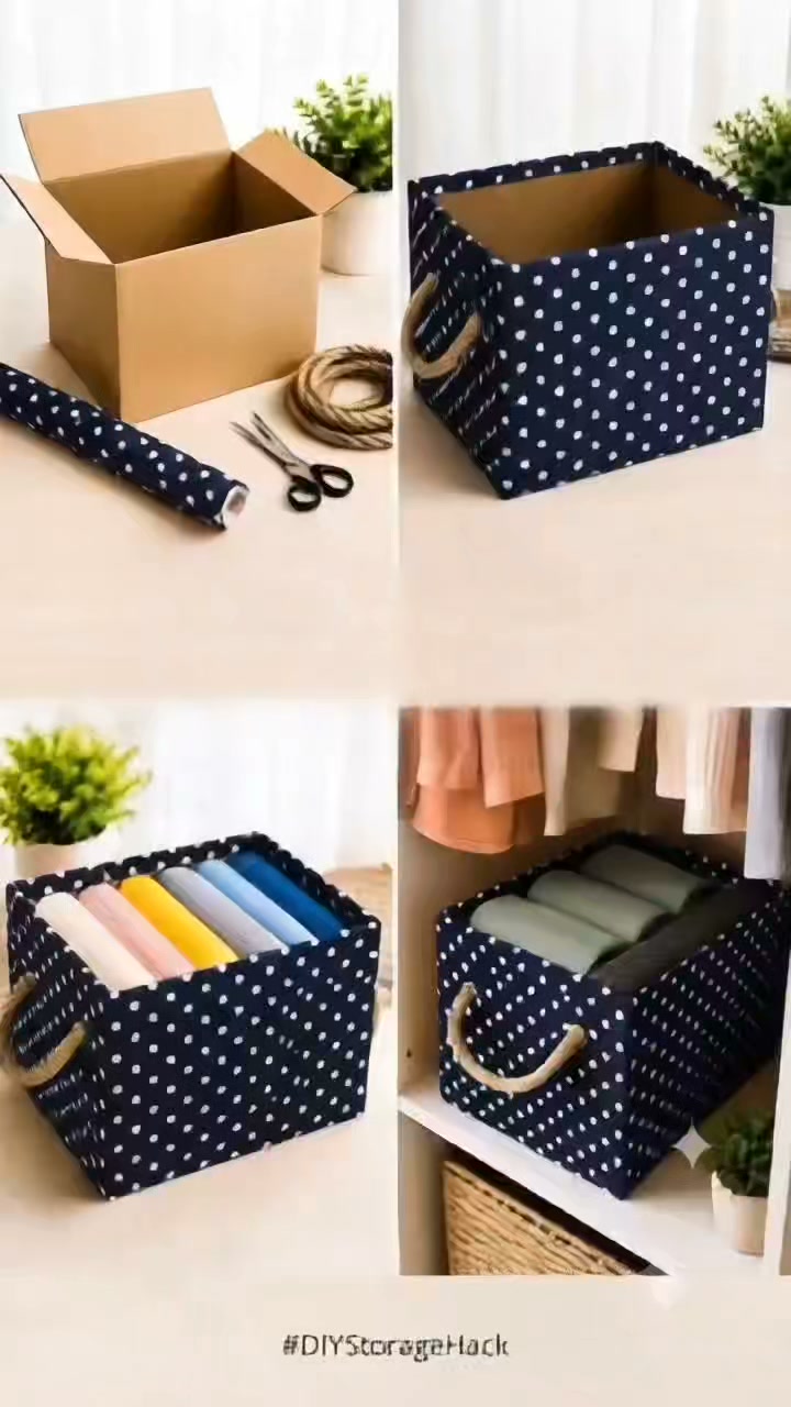 Skip the plastic and turn cardboard boxes into pretty organization boxes for your closet! We covered these in some fabric and ricrac to make them look tidy and cohesive