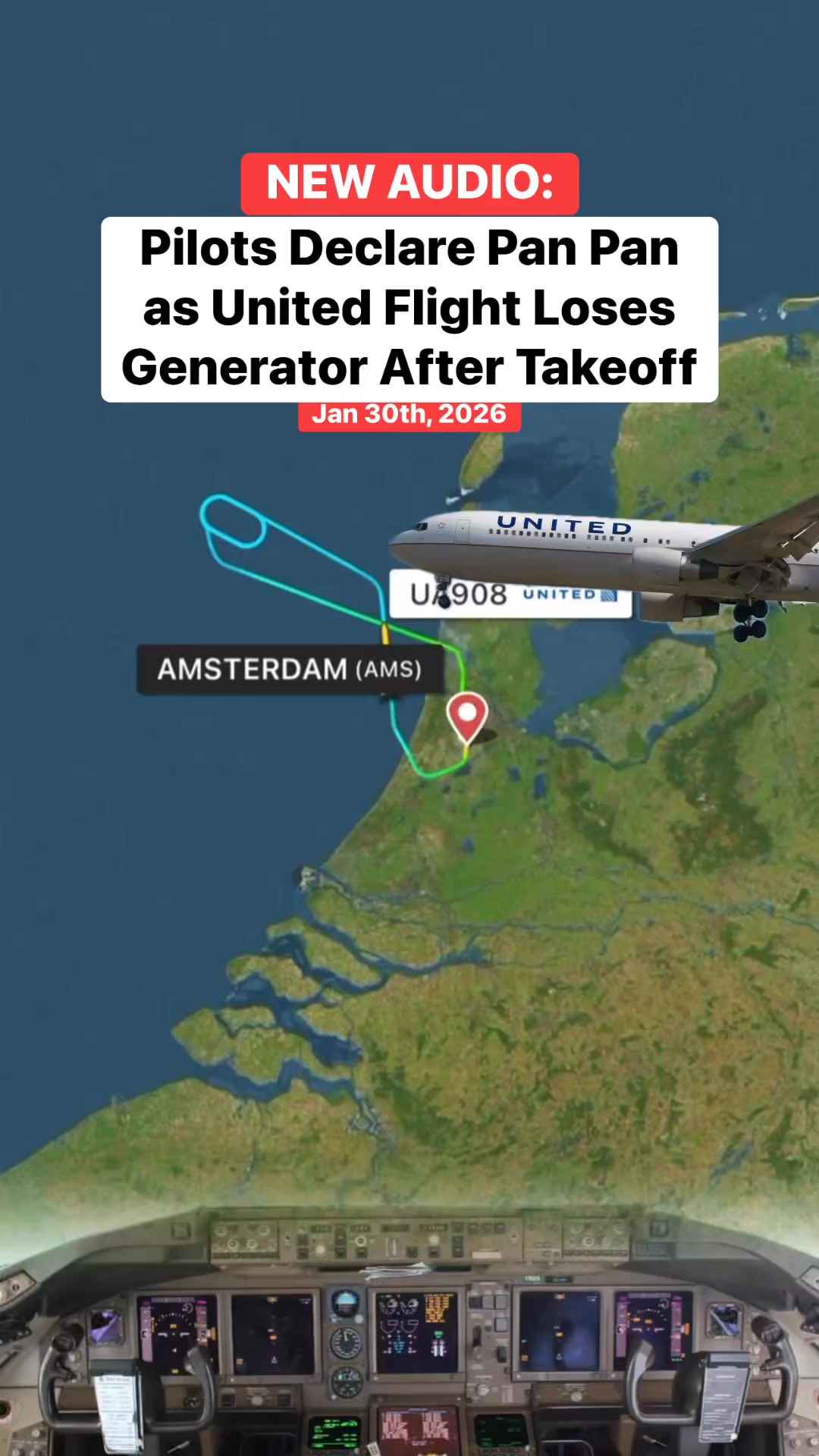 A United Airlines Boeing 767 operating flight UA 908 from Amsterdam to ...