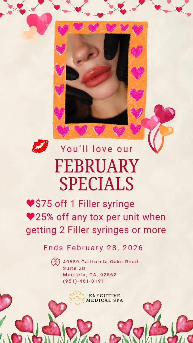 🥰You'll love our February 2026 Specials🥰, ♥️Buy 1 Filler syringe get $75 off, ♥️Buy 2 Filler syringes get $75 off AND any tox treatments (BOTOX, Dysport, Xeomin) at 25% off per unit, ♥️Ask about our 