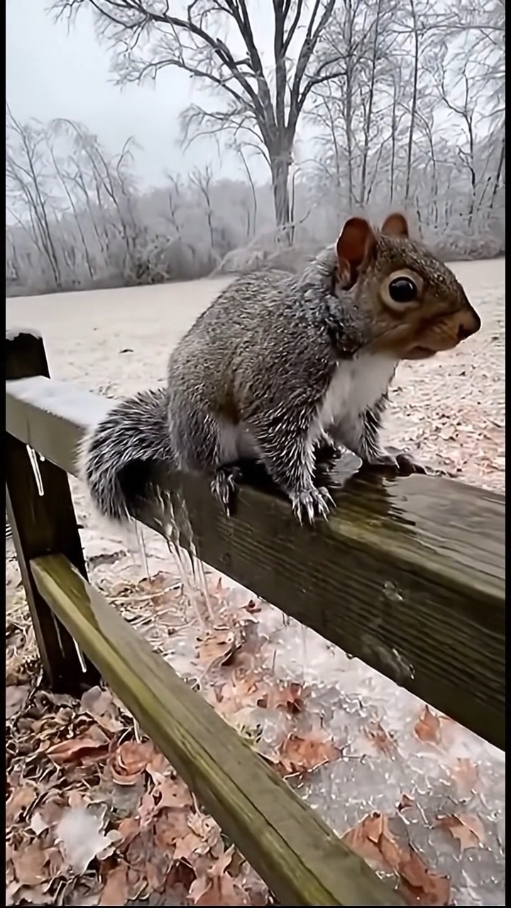 In a quiet, snow-covered landscape, a gray squirrel is found frozen on ...