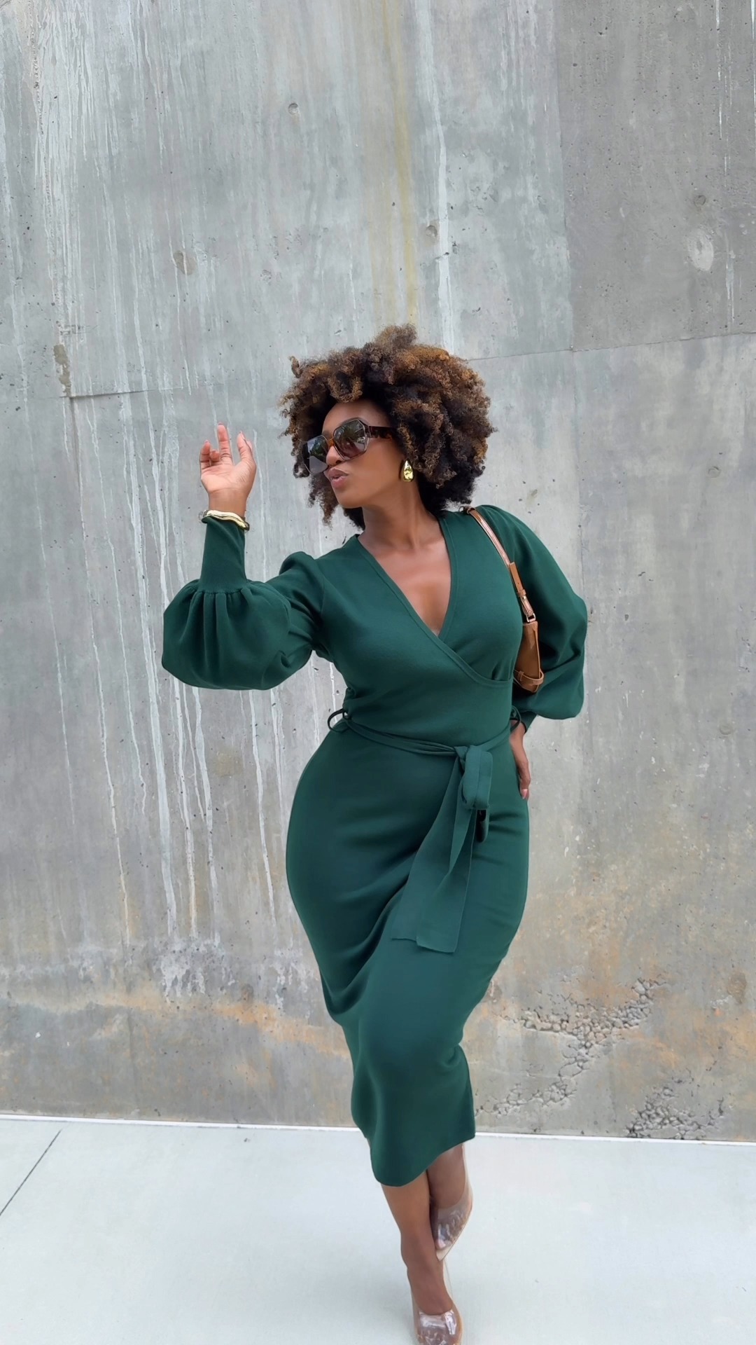 green wrap sweater dress This is what season should look like ✨, The Morique Dress pairs a curve-loving fit with dramatic sleeves and a rich emerald hue for a look that feels instantly polished., Shop her now 💕 zara knit wrap dress
