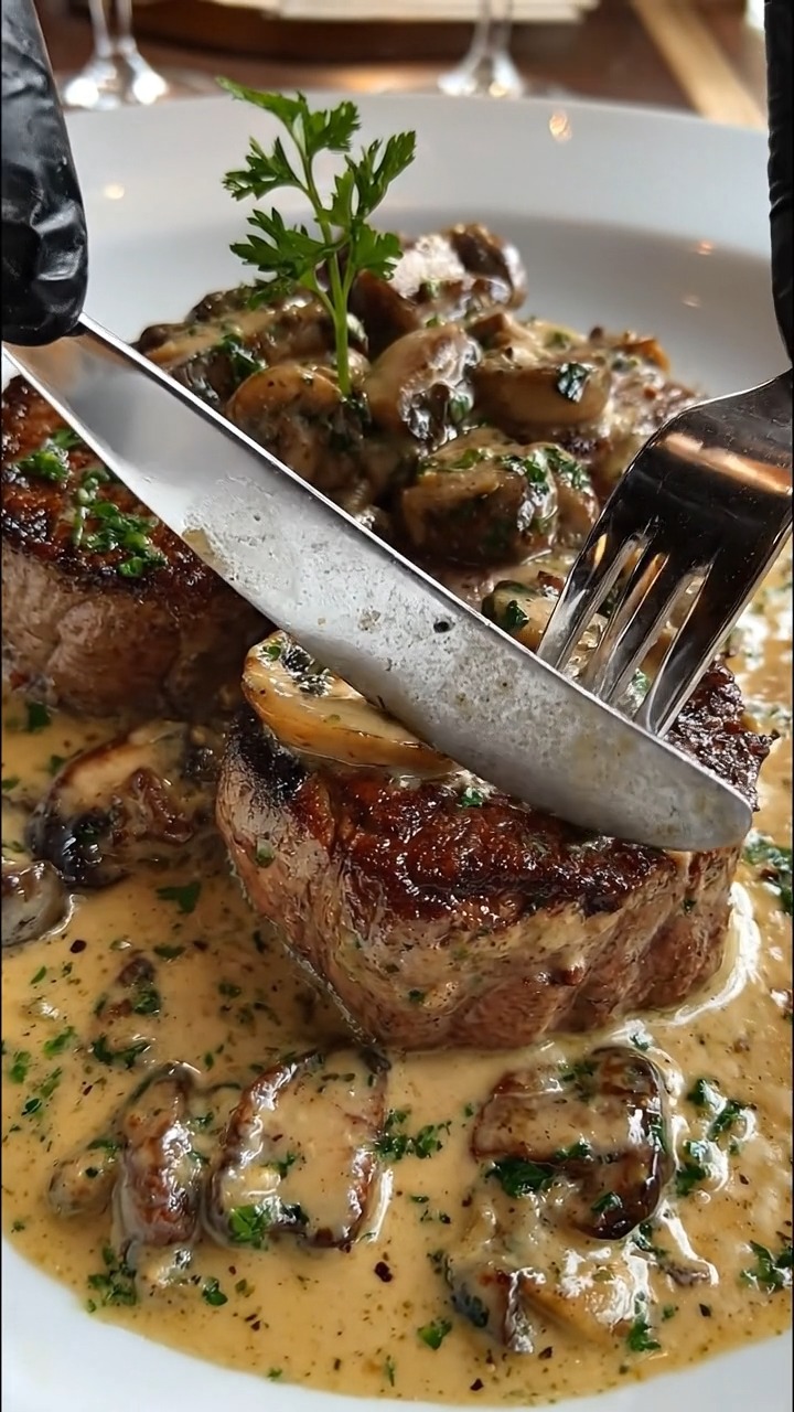 Filete Mignon con Salsa de Nata y Champiñones Ingredientes: 1 solomillo ...