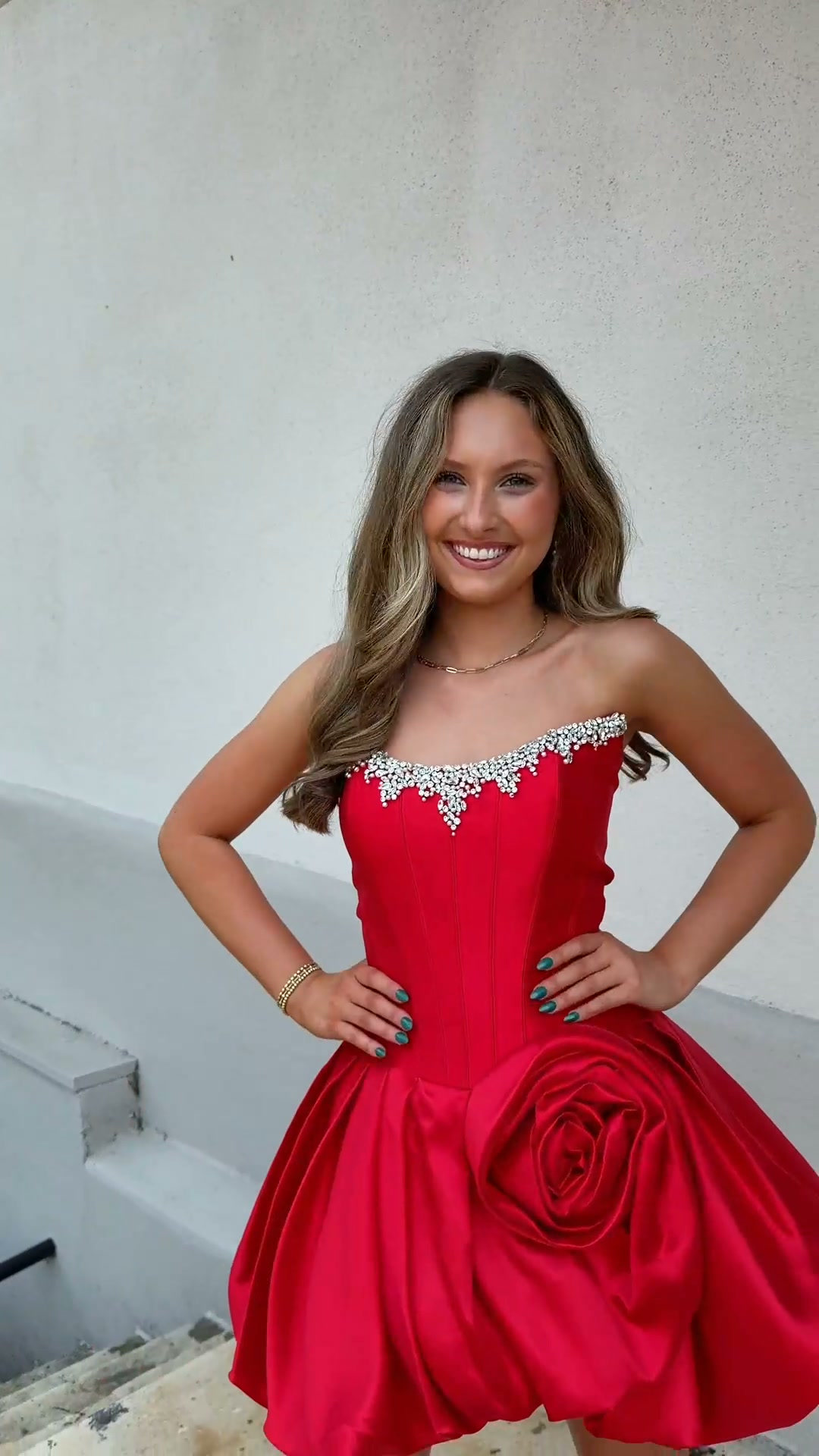 sherri hill red short homecoming dress Not us obsessing over a again, but here we are. ❤️ That rose detail is bold, unexpected, and exactly the kind of thing that makes an entrance. Swing by and see us this Jump-June25