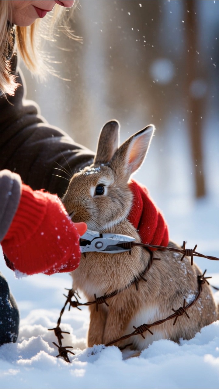 A kind hiker frees a trapped rabbit from barbed wires in the snow # ...
