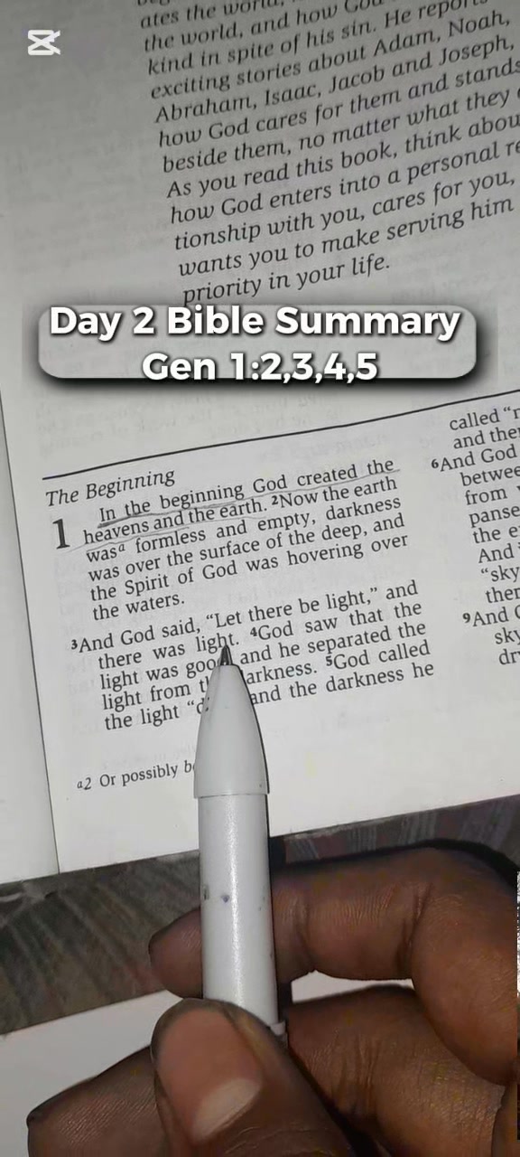 Day 2 Bible summary #100dayschallenge 📖 Genesis 1:2–5 (KJV) 2 And the ...