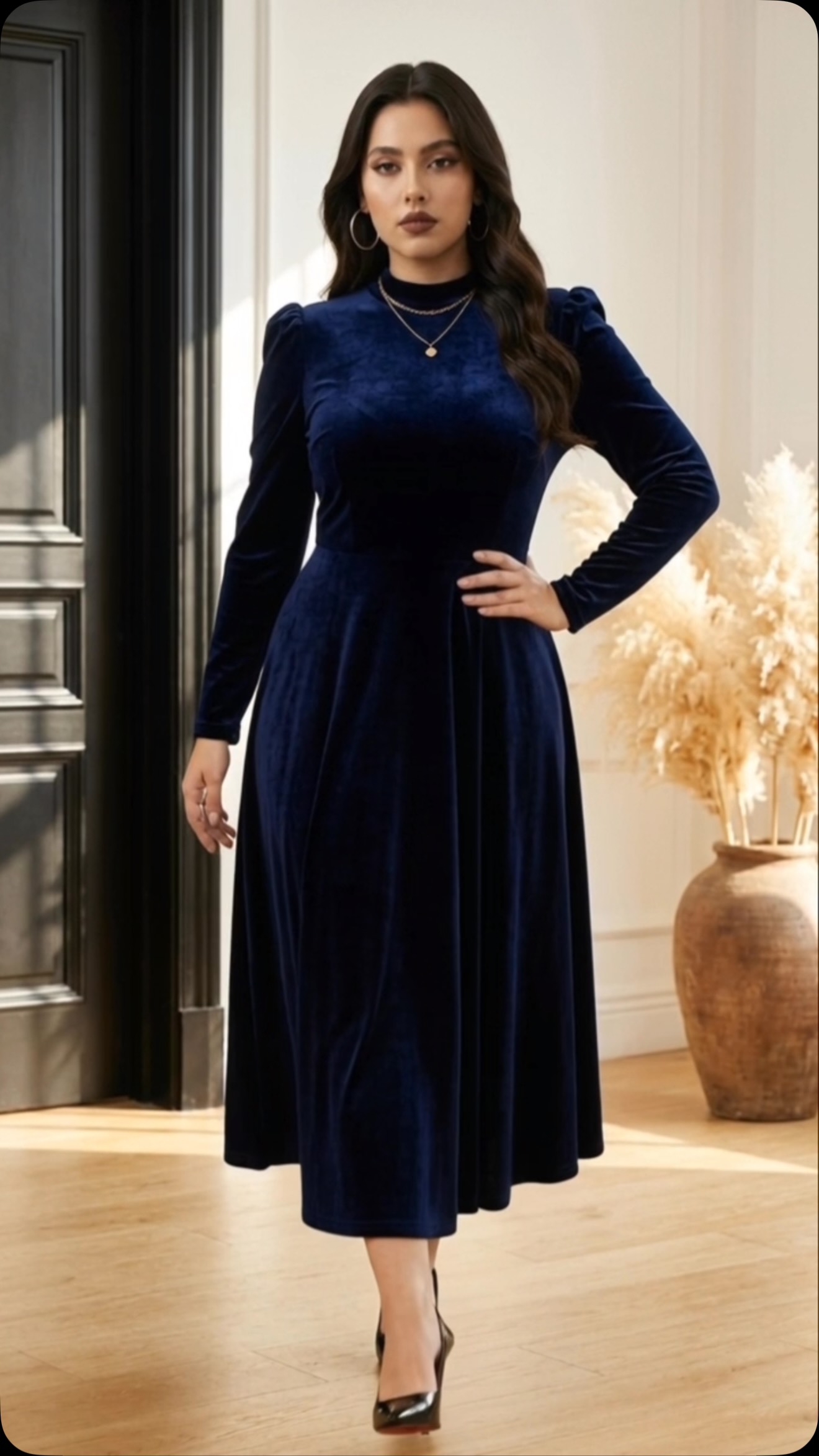 Velvet Long Sleeve A-Line Dress in Sizes Small–2XL