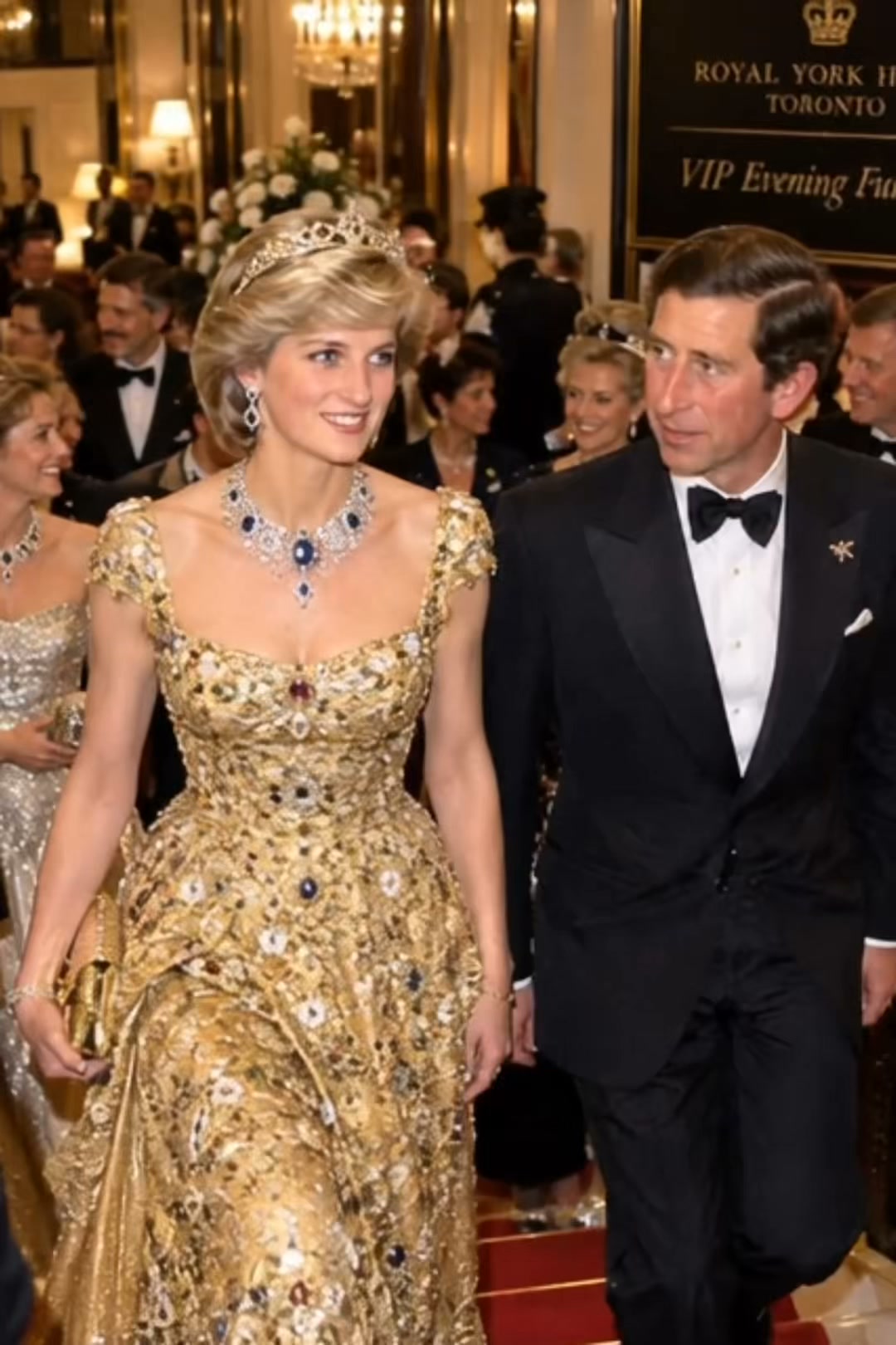 princess diana in gold dress #Timeless elegance on the red carpet. Diana’s iconic gown Toronto, 1986. ✨ classic royalty.