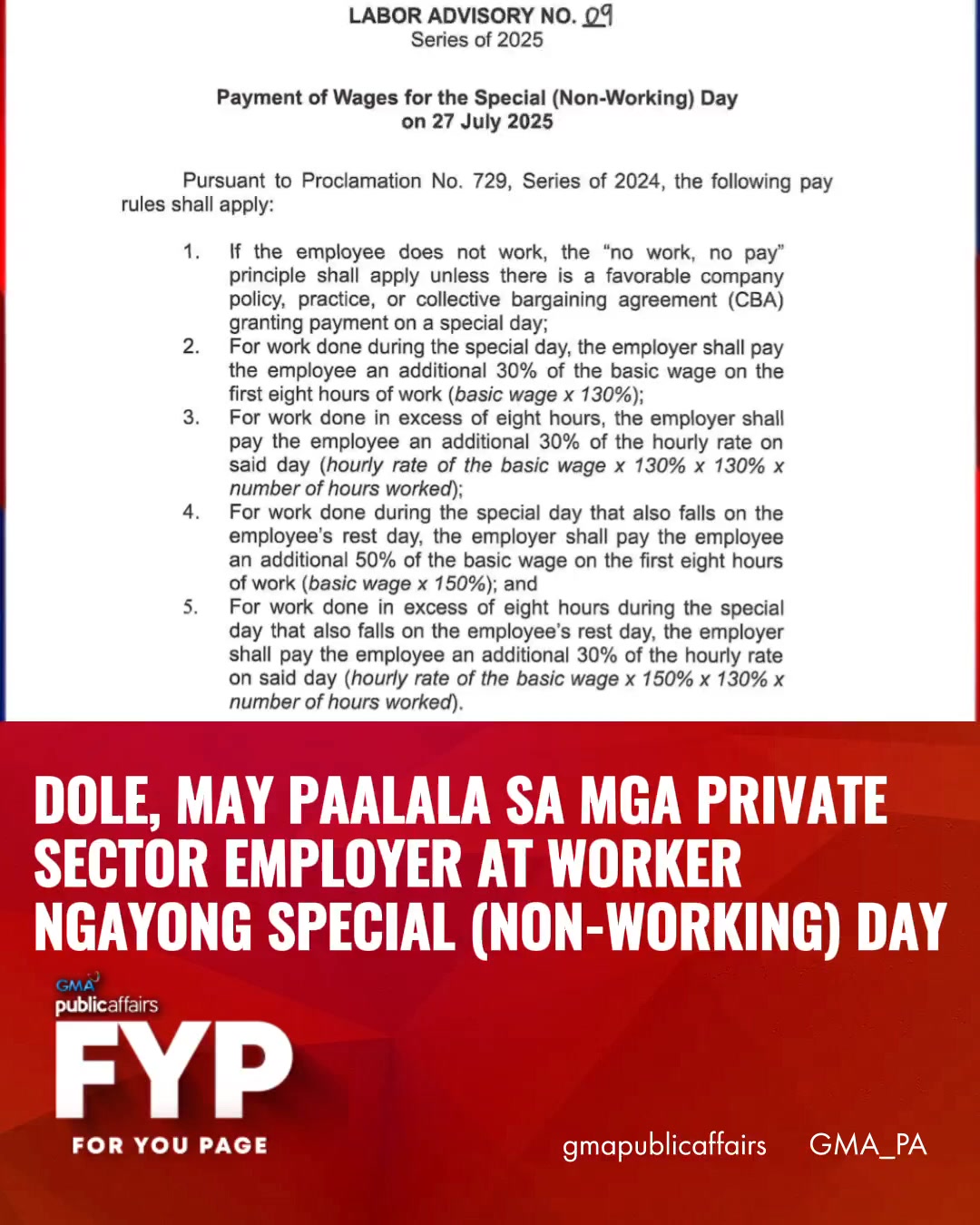 𝐑𝐄𝐀𝐃: Labor Advisory 09, Series of 2025 - Payment of Wages for the ...