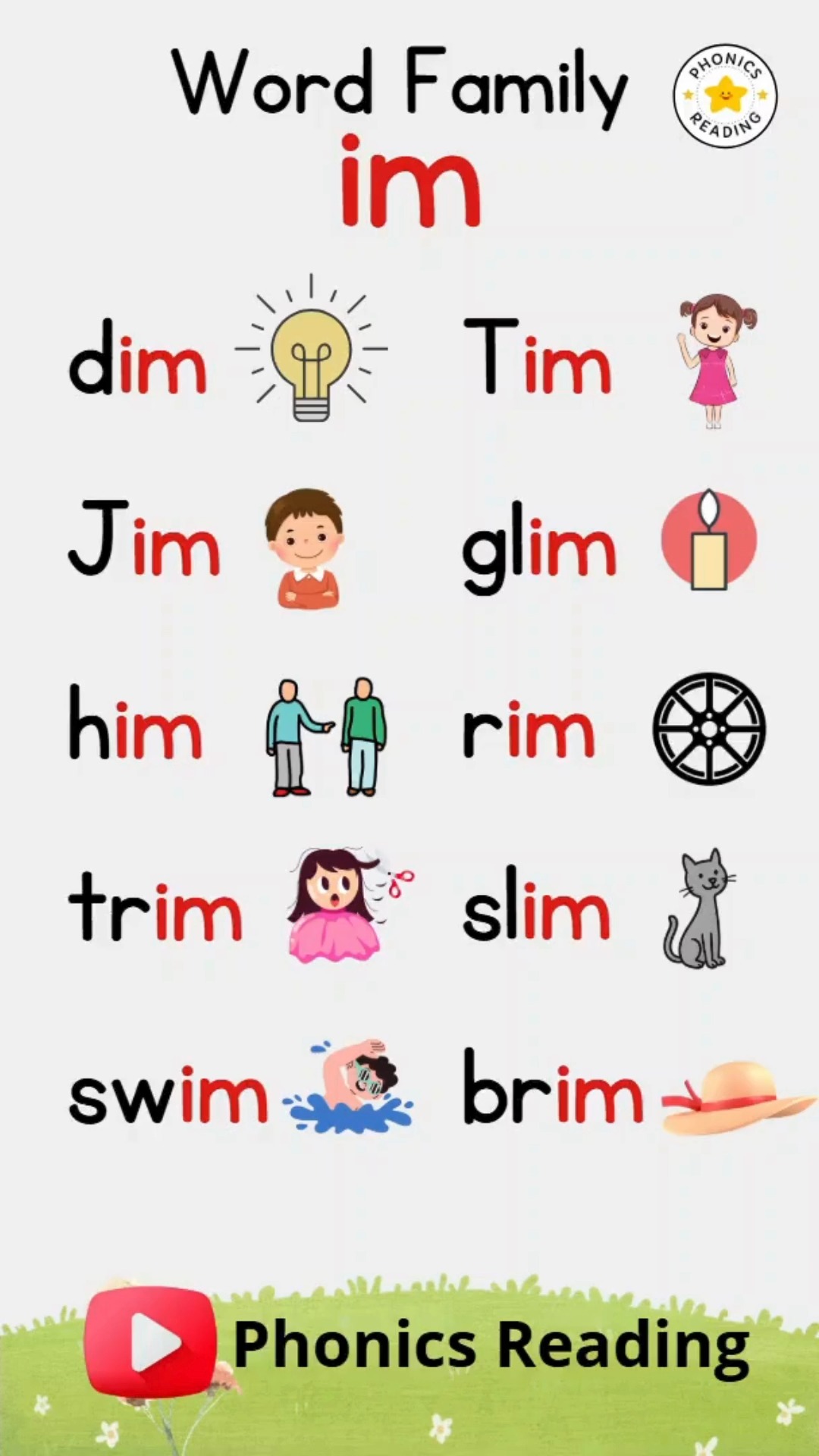 Word family IM Words. Reading Practice with Phonics. CVC Words. Follow ...
