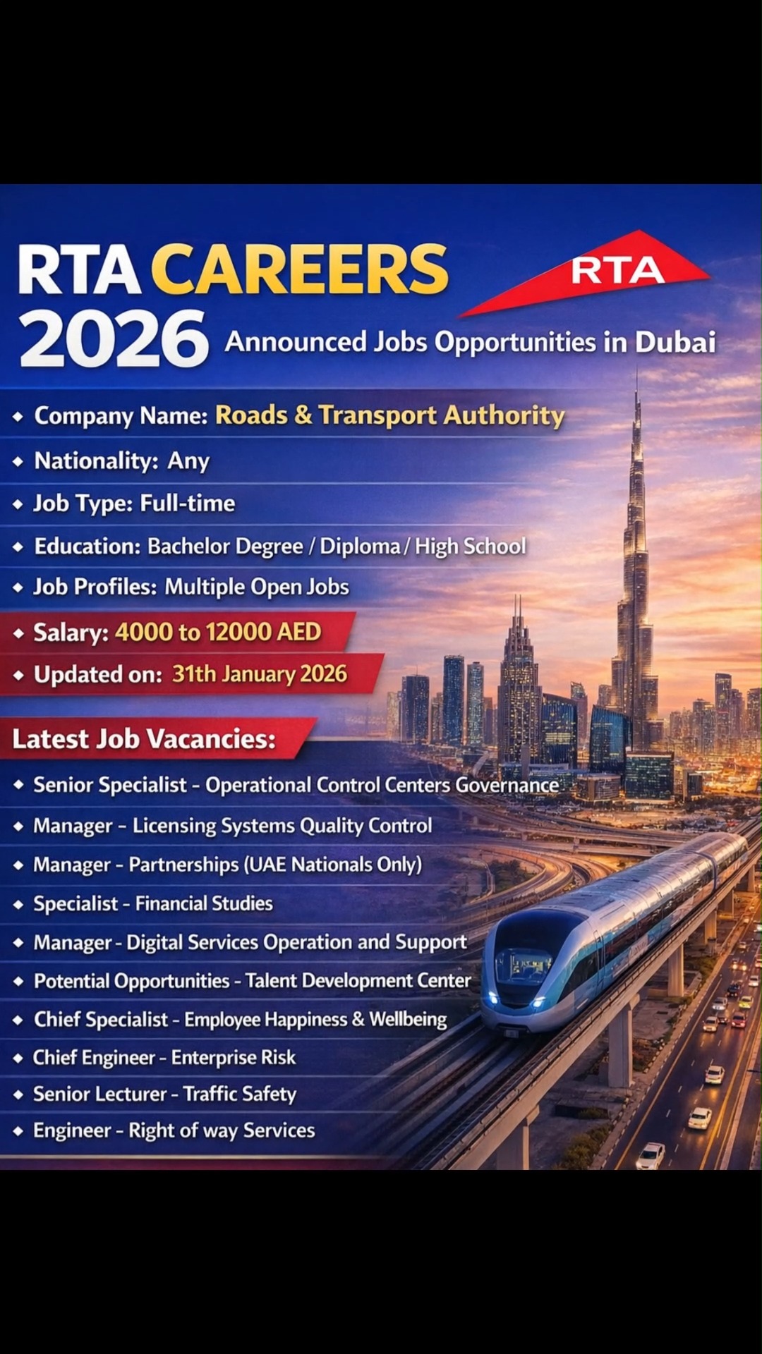 RTA Careers 2026 – Jobs Announced in Dubai 🇦🇪 Salary: 4,000 to 12,000 ...