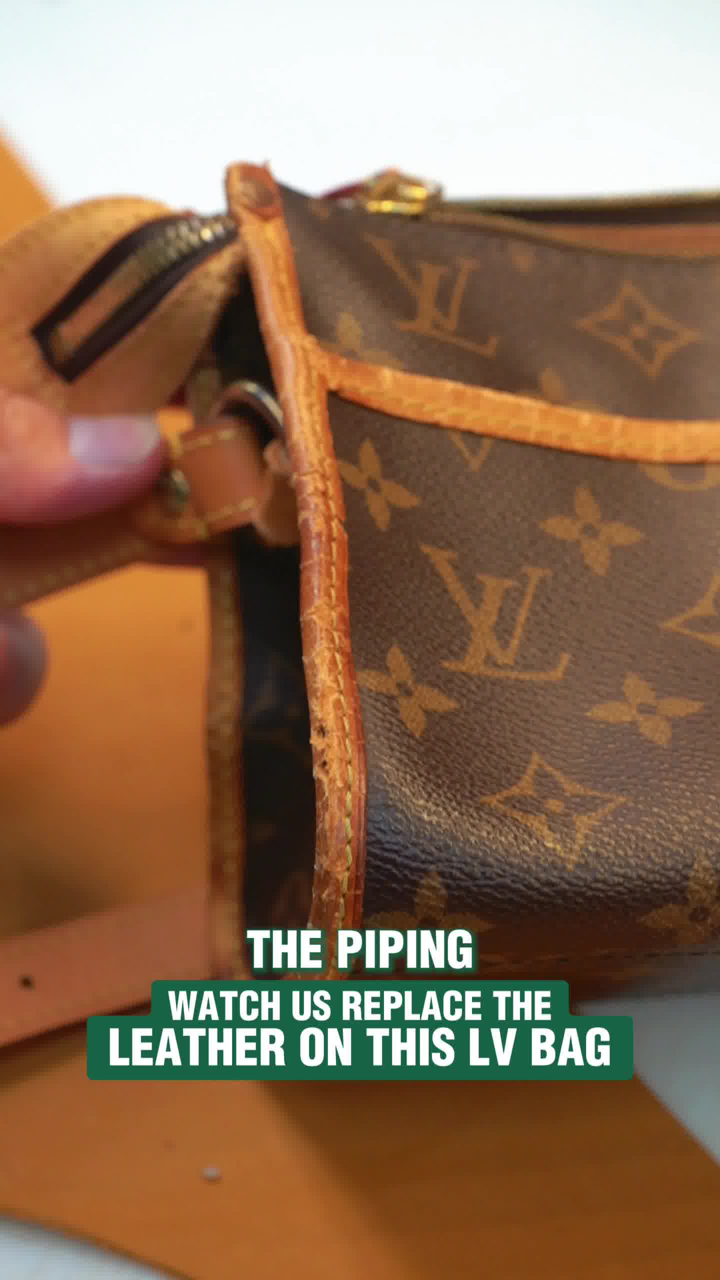 This Louis Vuitton bag came in with cracked piping and worn 