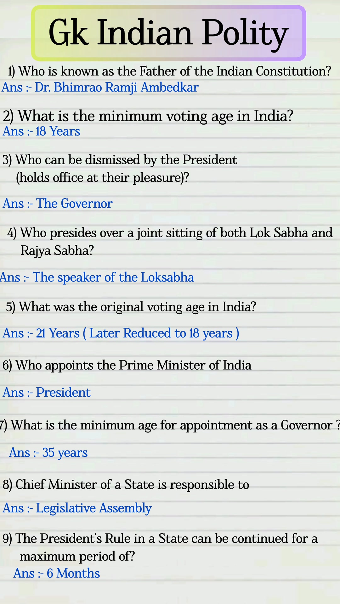 General Knowledge Indian Polity Questions And Answers Gk Quiz #gkindia ...