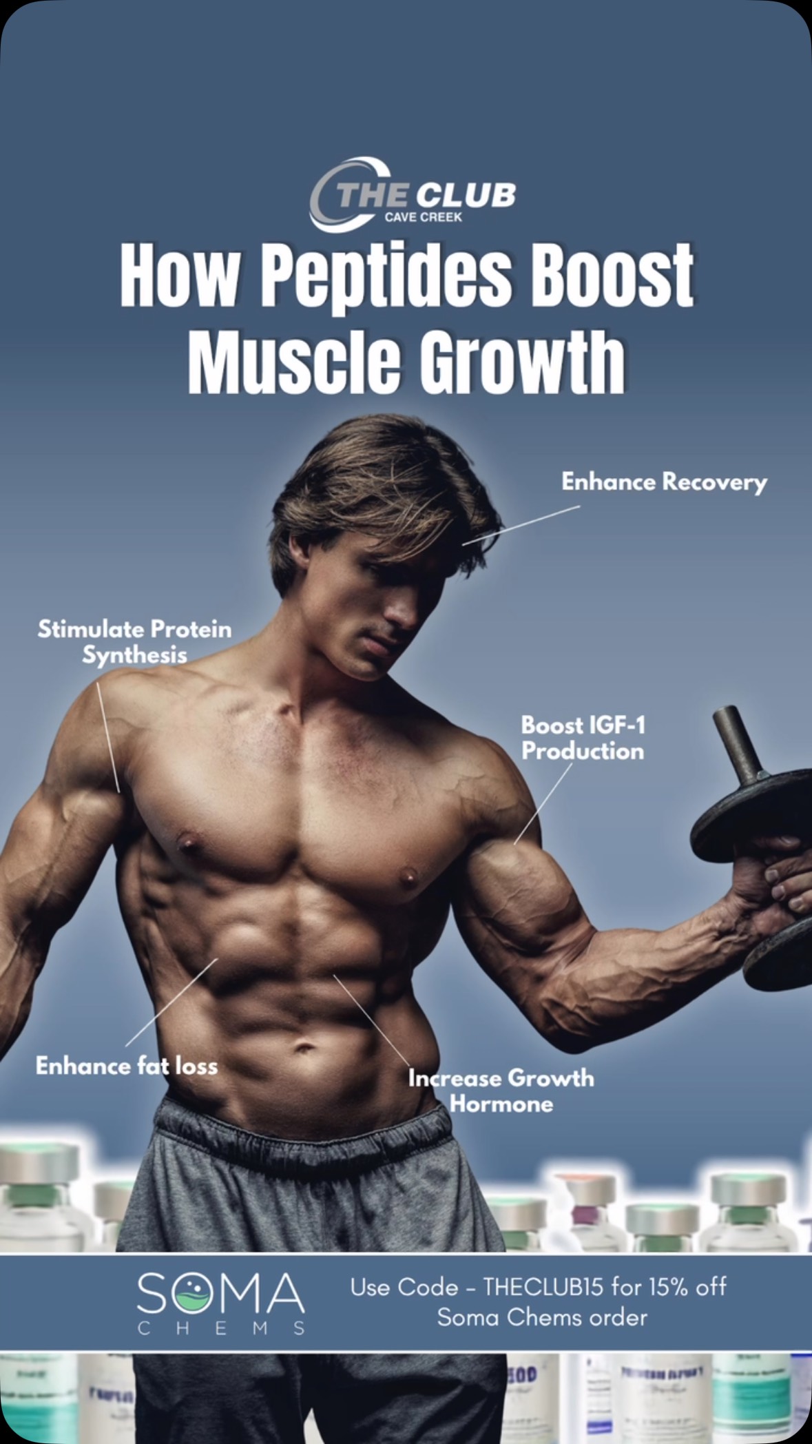 Looking to level up your results?, THECLUB15 saves 15% at Soma Chems, DM us “PEPTIDES” for more information and answers to your questions. , Train hard. Recover smarter. Keep making progress