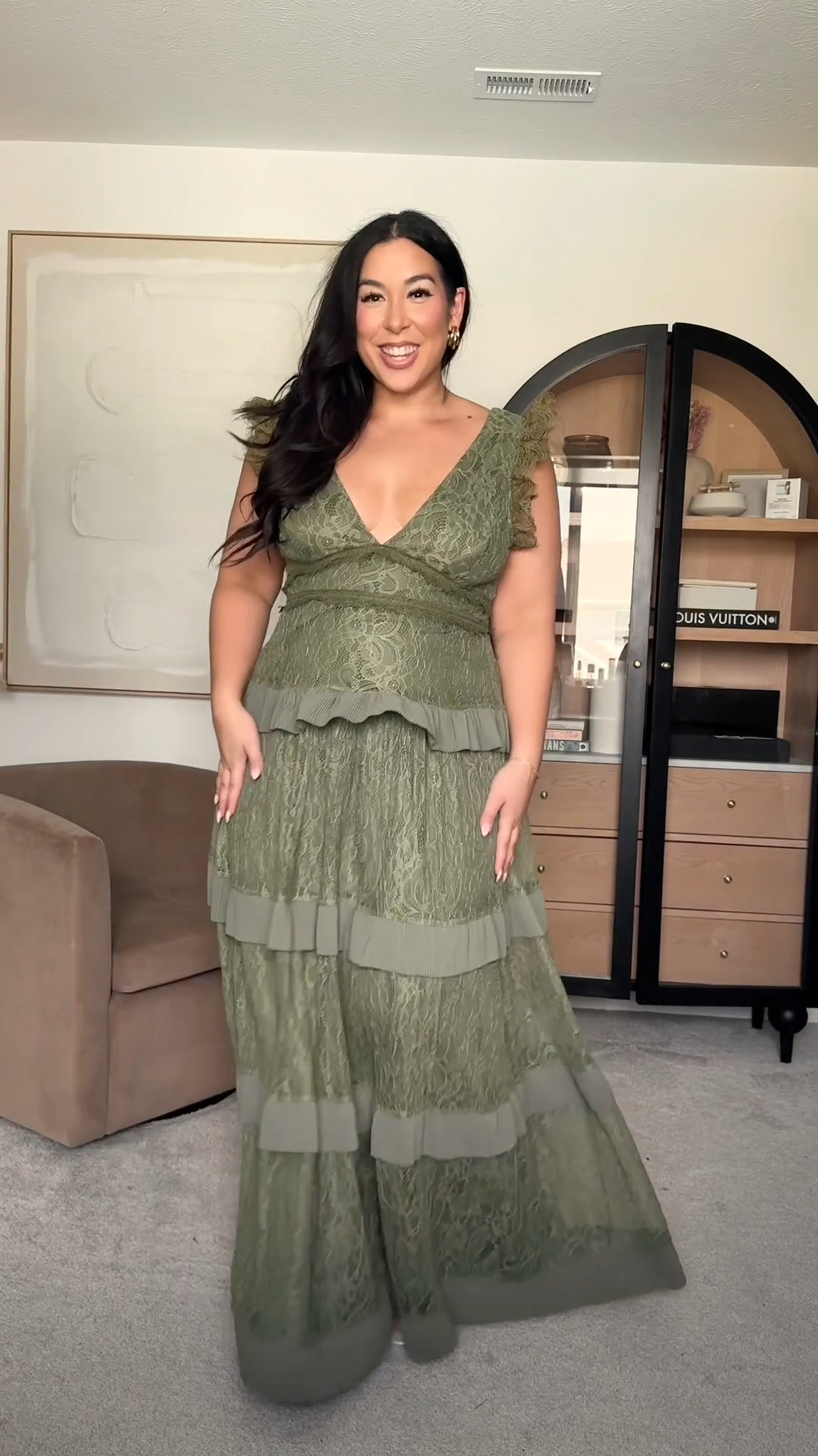 lulus green wedding guest dress we're obsessed with fall dresses on @bonniewyrick 😍 which look is your fav? #lovelulus, shop fall wedding guest dresses: lulus.visitlink.me/jpnZ1T | V-Neck Wrap Maxi Dress