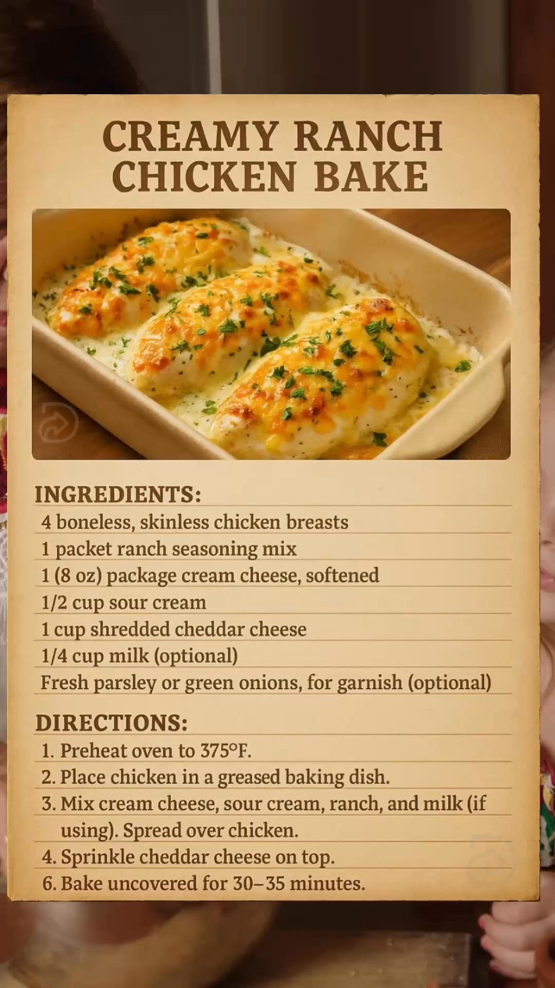 baked chicken with sour cream and ranch dressing 🧀 Creamy Bake 😍, This is the kind of dinner that has everyone going back for seconds… maybe thirds 🤭, Rich, cheesy, packed ranch flavor — all into one cozy dish 🫶, Minimal Color:Brown over Yellow Chicken thighs Santa with Hat Sleeveless A-line dress -