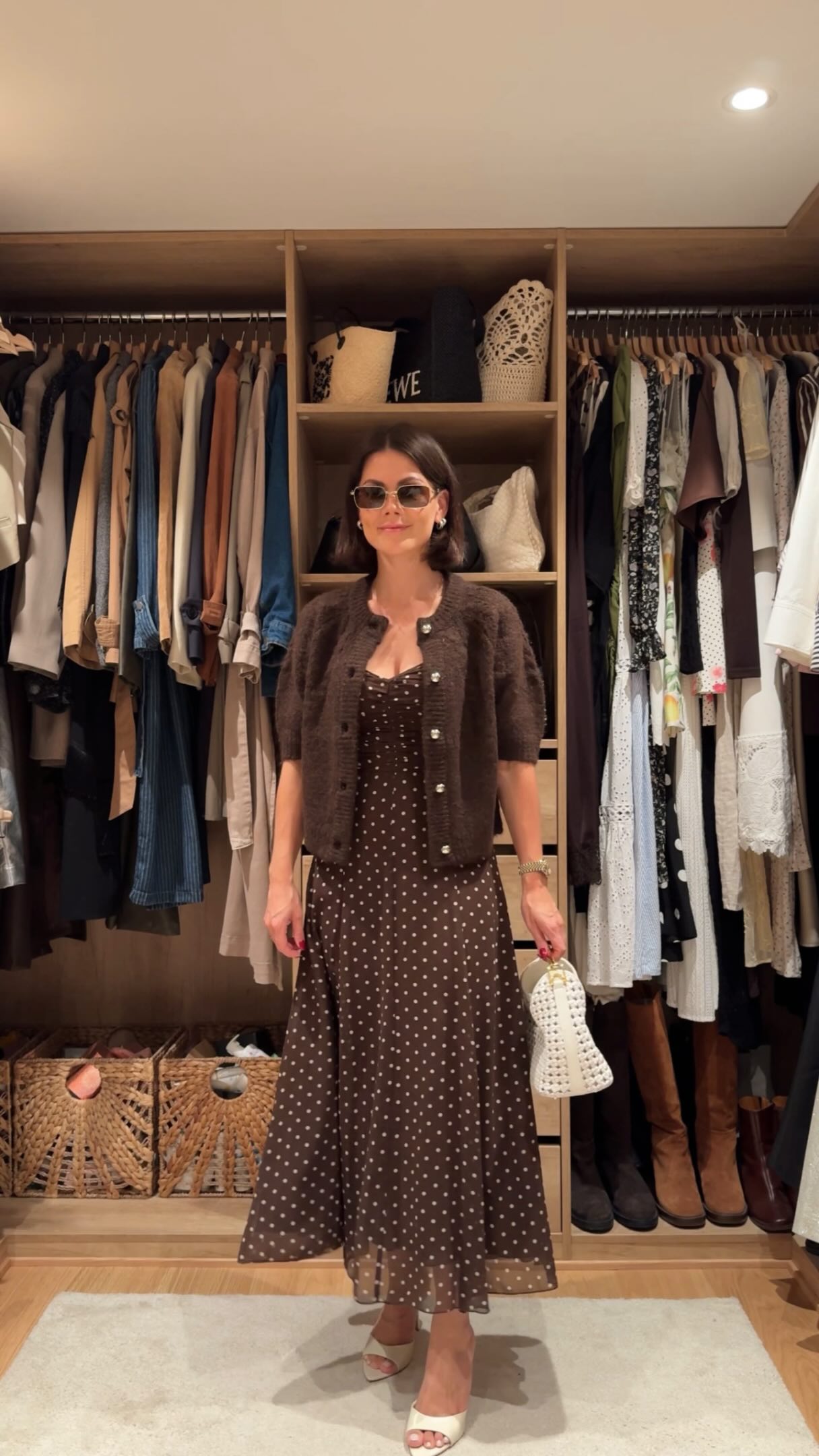 Brown Polka Dot Dress Fall Transitional Outfit with Knitwear Day 7