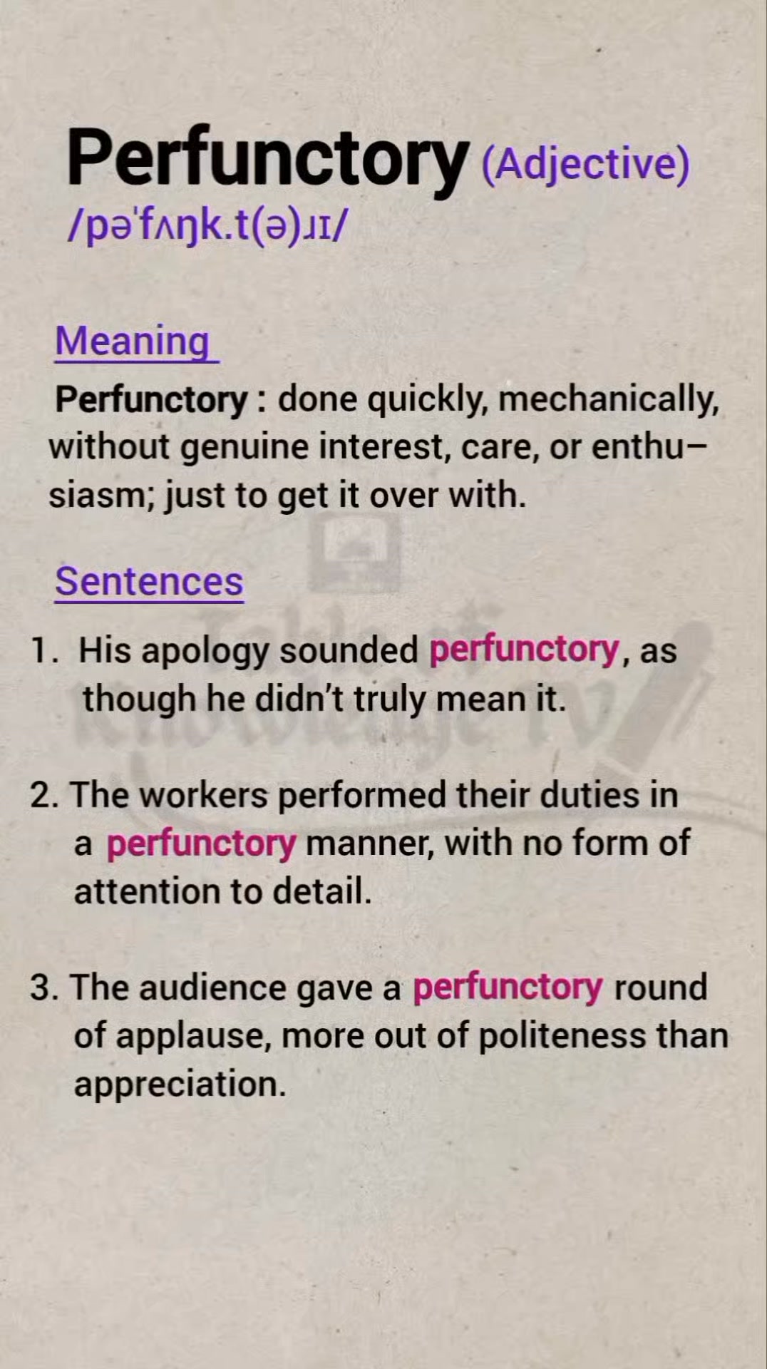 Vocabulary: Perfunctory. Meaning and Sentences. | Table of Knowledge TV ...