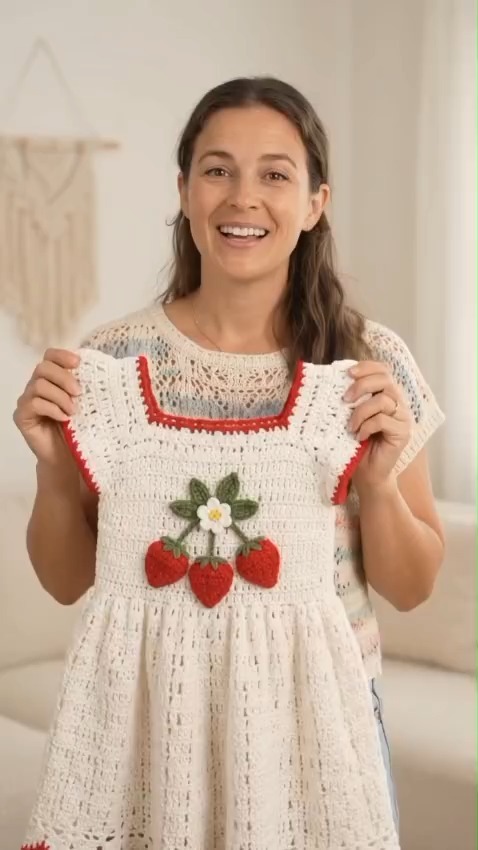 strawberry crochet dress 🍓🧶 This is absolutely adorable! The cream lace, red scalloped trim, and sweet strawberry appliqués make it perfect for spring and summer. 🌼❤️, Such a cute handmade outfit for summer events Style:Dress C Crochet pattern NS_SKU::DRW1681 Libby Pearl Long Sleeve