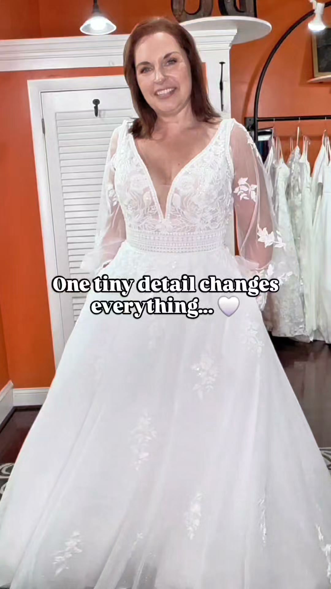 One dress. Two completely different looks. 🧡, One features a classic ivory lining for a brighter, more traditional look., The other features an ivory lace over a soft cashmere underlay, adding extra 