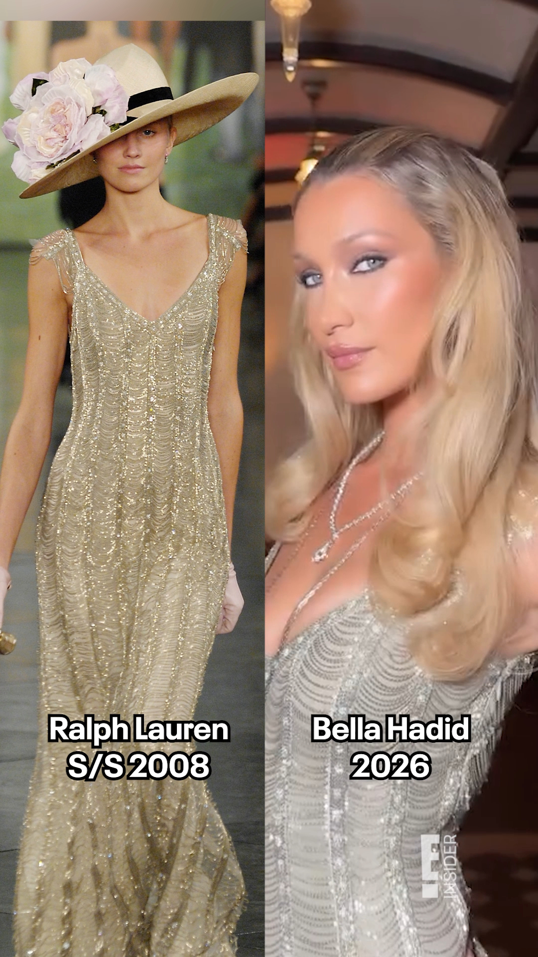 ralph lauren bella hadid gold dress wore the of our dreams aka the S/S 2008 runway finale gown to Chopard’s “Happy Diamonds” event. ✨ (🎥/📷: Getty, Instagram/ tuddynana) | E! Insider SBLooks-Tash