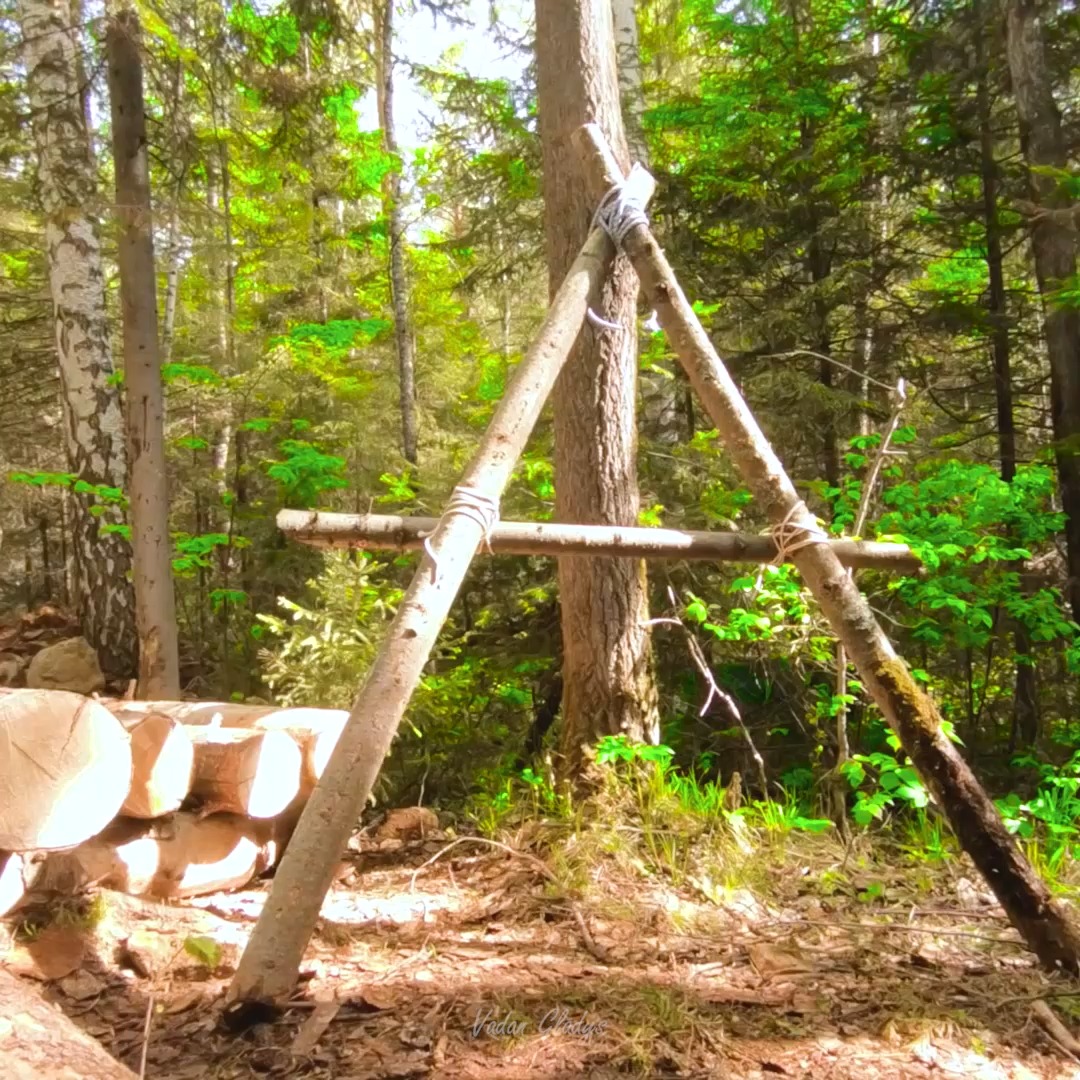 Building a Bushcraft Dugout Shelter, dugout house walls, logs, roof and ...