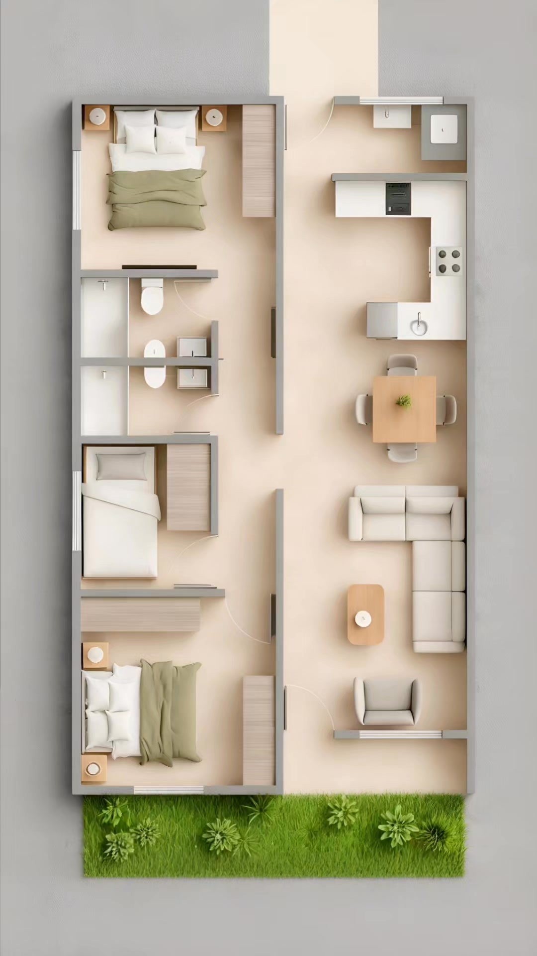 🌿A well-planned 3-bedroom floor plan designed to fit a 7m x 12m space ...