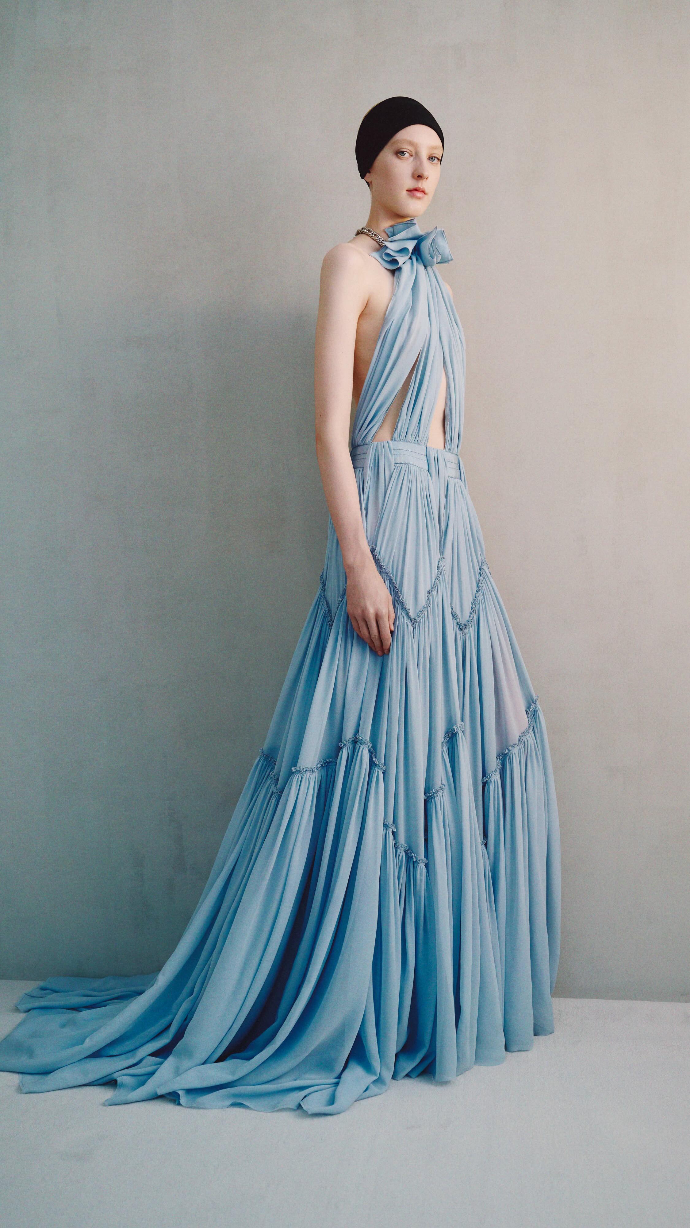 Lanvin Summer 2026 by Peter Copping, A vision in Lanvin Blue — gathered silk georgette, lurex-traced hems, silver neck chain., Exclusively made to order., #LANVIN | LANVIN