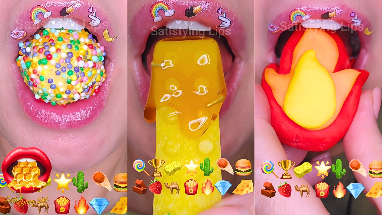 ASMR satisfying eating emoji food challenge. Mukbang eating many ...