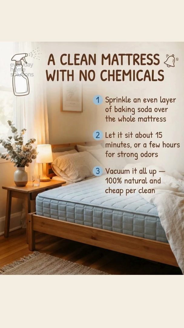 Freshen up your mattress with just baking soda! 🌟 No harsh chemicals needed. , 1. Strip the bed and sprinkle a generous layer of baking soda on the mattress., 2. Let it sit for at least 15 minutes (or