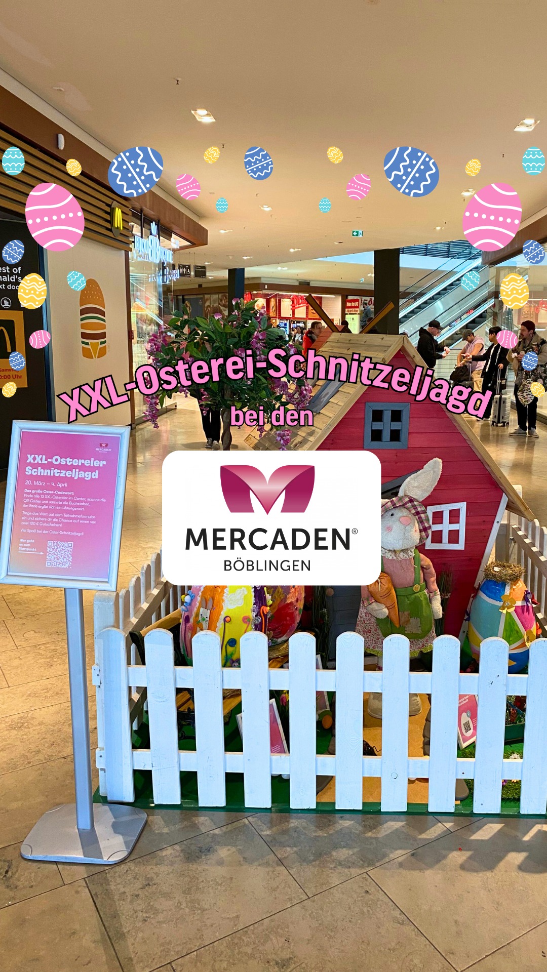 Oster-Action in den Mercaden Böblingen 🐣🔍, 13 XXL-Ostereier warten darauf, von euch entdeckt zu werden: QR-Code scannen, Buchstaben sammeln und das Oster-Codewort knacken 🥚✨, 🎁 Und das Beste: Mit