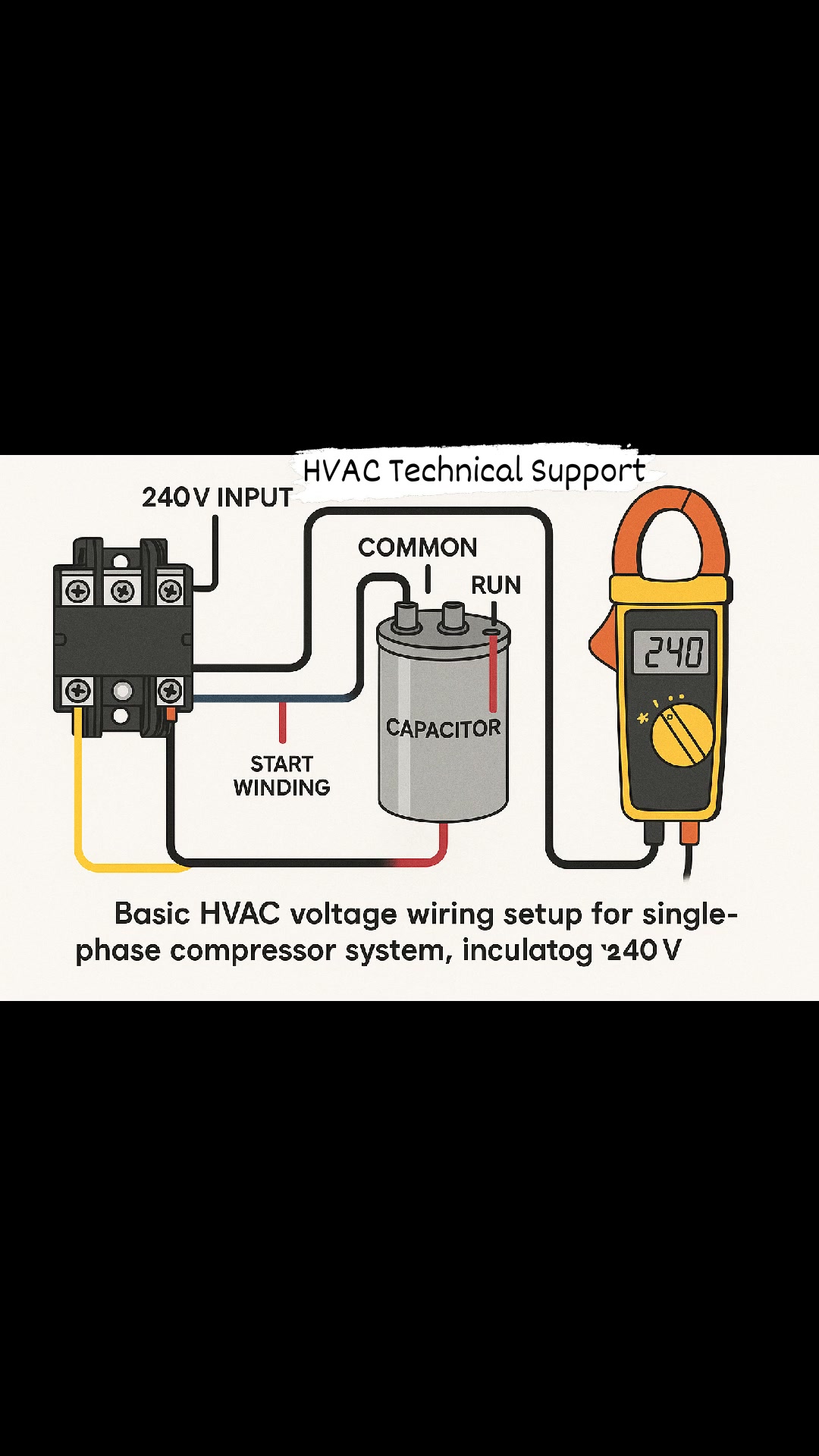 A basic HVAC voltage wiring setup for a single-phase compressor system ...