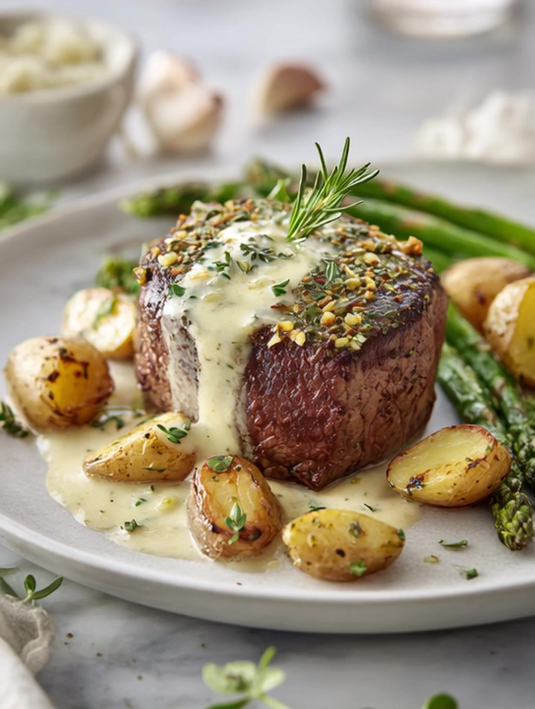 Herb-Crusted Filet Mignon with Garlic Butter Sauce This restaurant ...